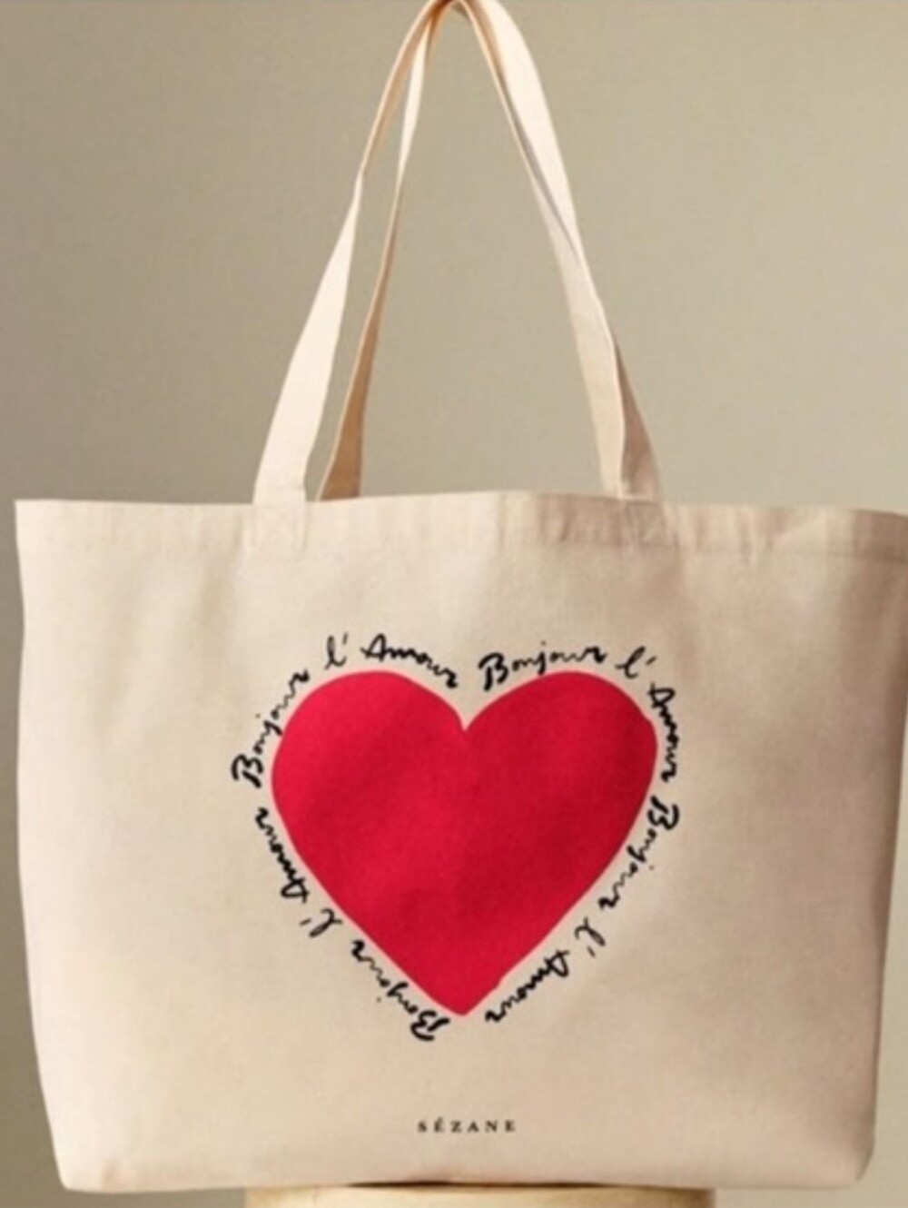 Sézane Canvas Tote Bag Red Heart Bonjour l'Amour